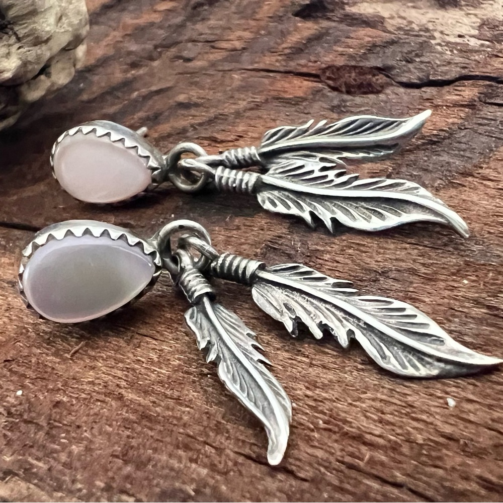 Native American Navajo Earrings MOP Feathers Dangle Sterling Silver